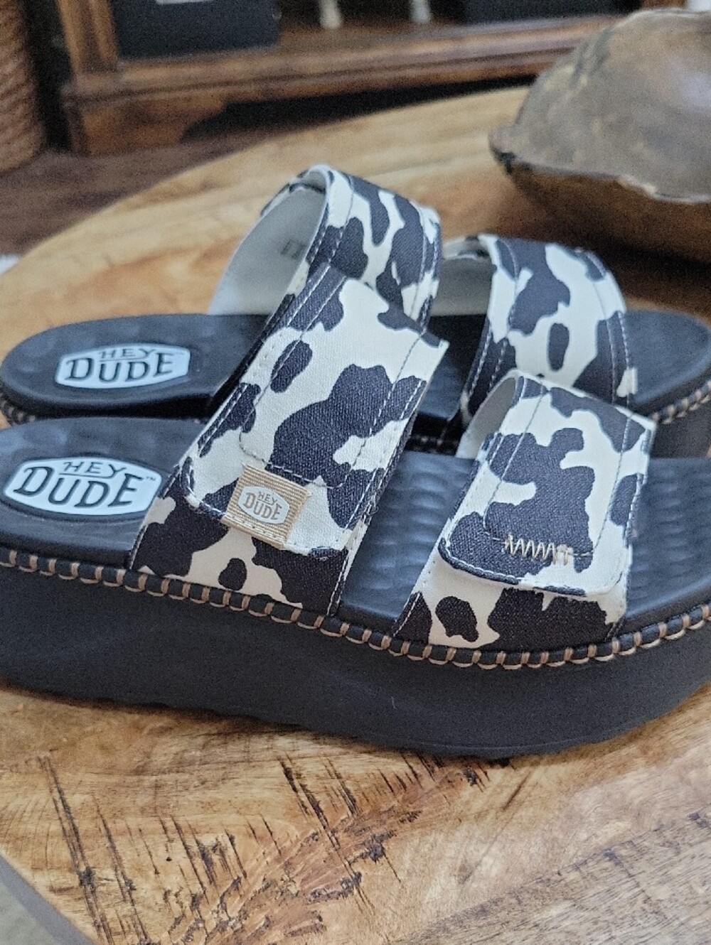 Hey Dude Black & White Cow-Pattern Platform Sandals - Picture 2 of 7